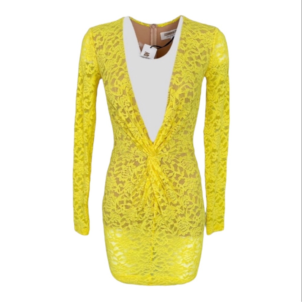 Dress The Population Cosmopolitan Yellow Plunge Neck Long Sleeve Lace Mini Dress